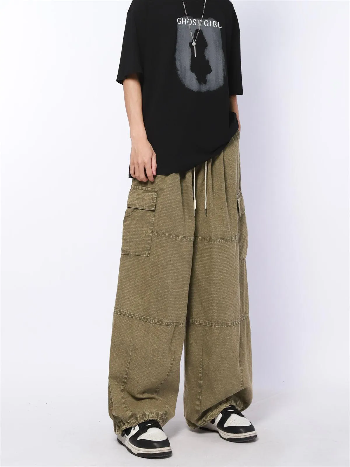 Drawstring Line Textured Wide Cargo Pants