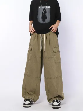 Drawstring Line Textured Wide Cargo Pants