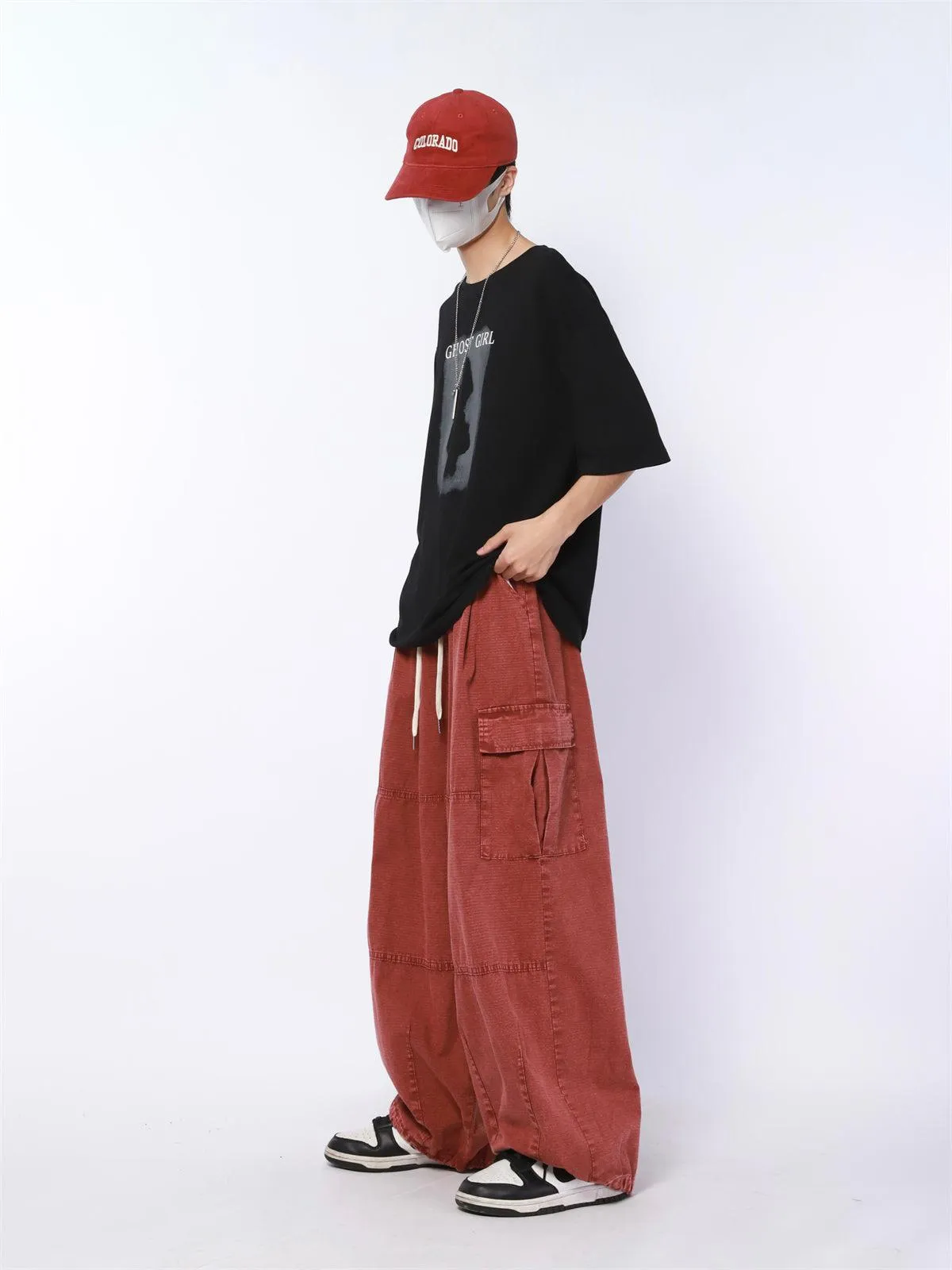 Drawstring Line Textured Wide Cargo Pants