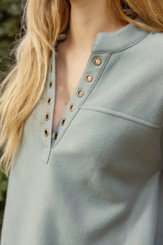 Dusty Teal Grommet Vneck Top