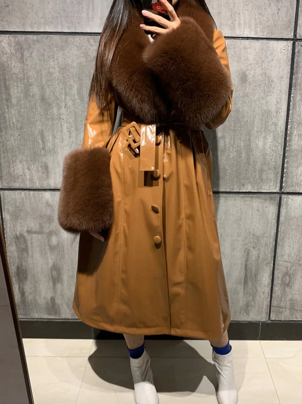 Faux Fur Genuine Patent Leather Coat in Brown