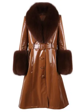 Faux Fur Genuine Patent Leather Coat in Brown