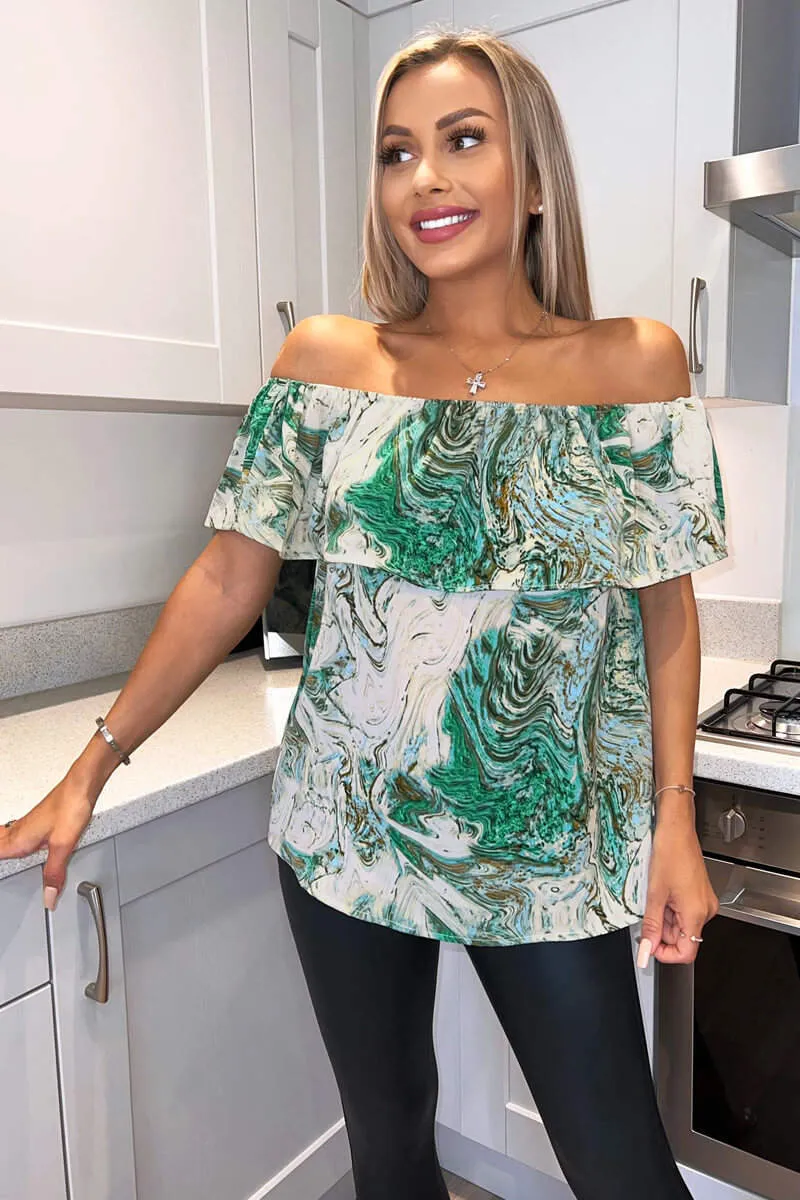 Green Marble Print Bardot Top