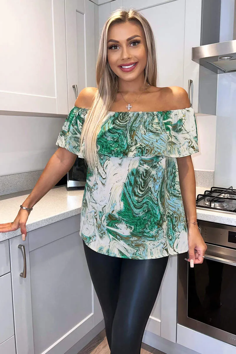 Green Marble Print Bardot Top