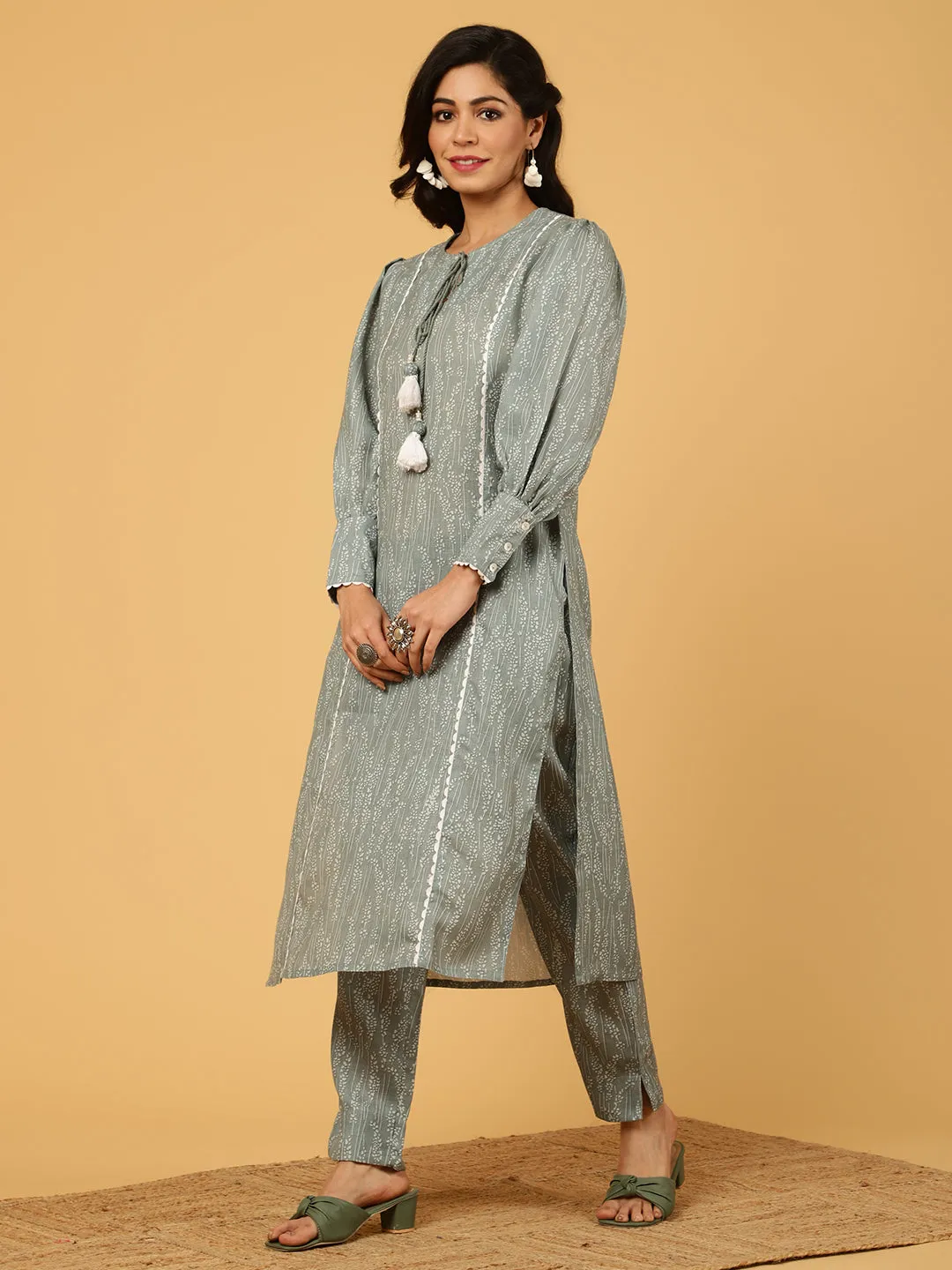 Grey Abstract Printed Straight Kurta With Pants