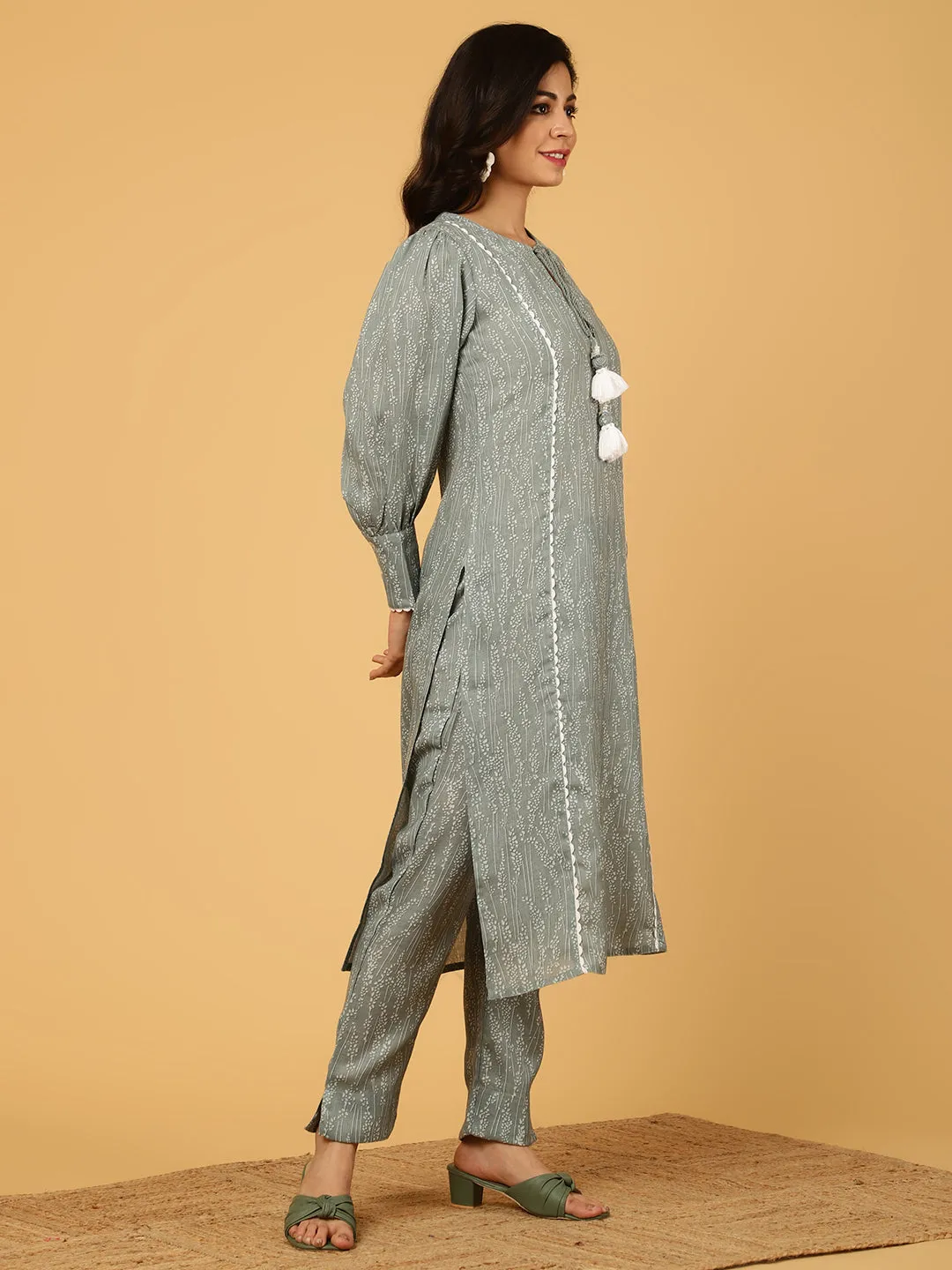 Grey Abstract Printed Straight Kurta With Pants