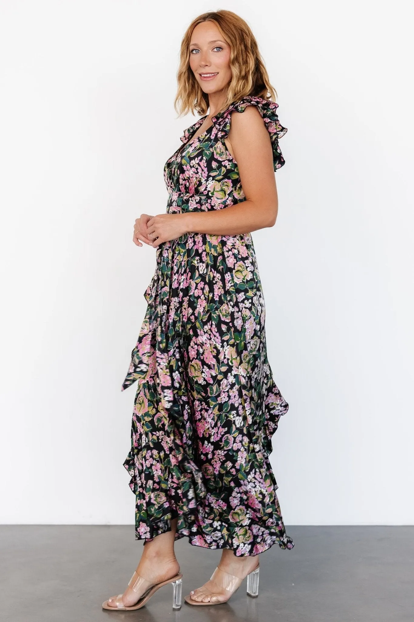 Harlow Satin Maxi Dress | Black Multi