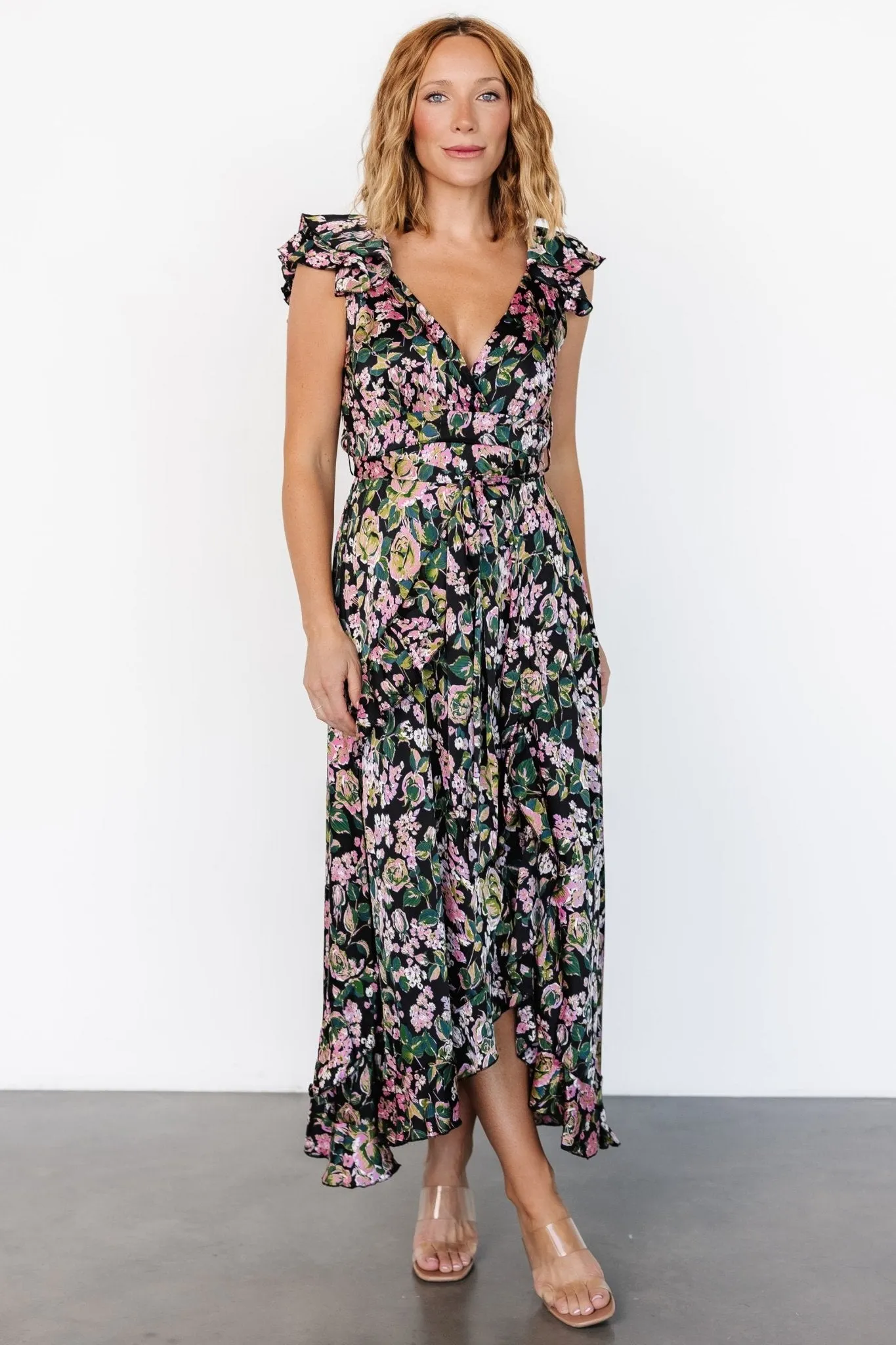 Harlow Satin Maxi Dress | Black Multi