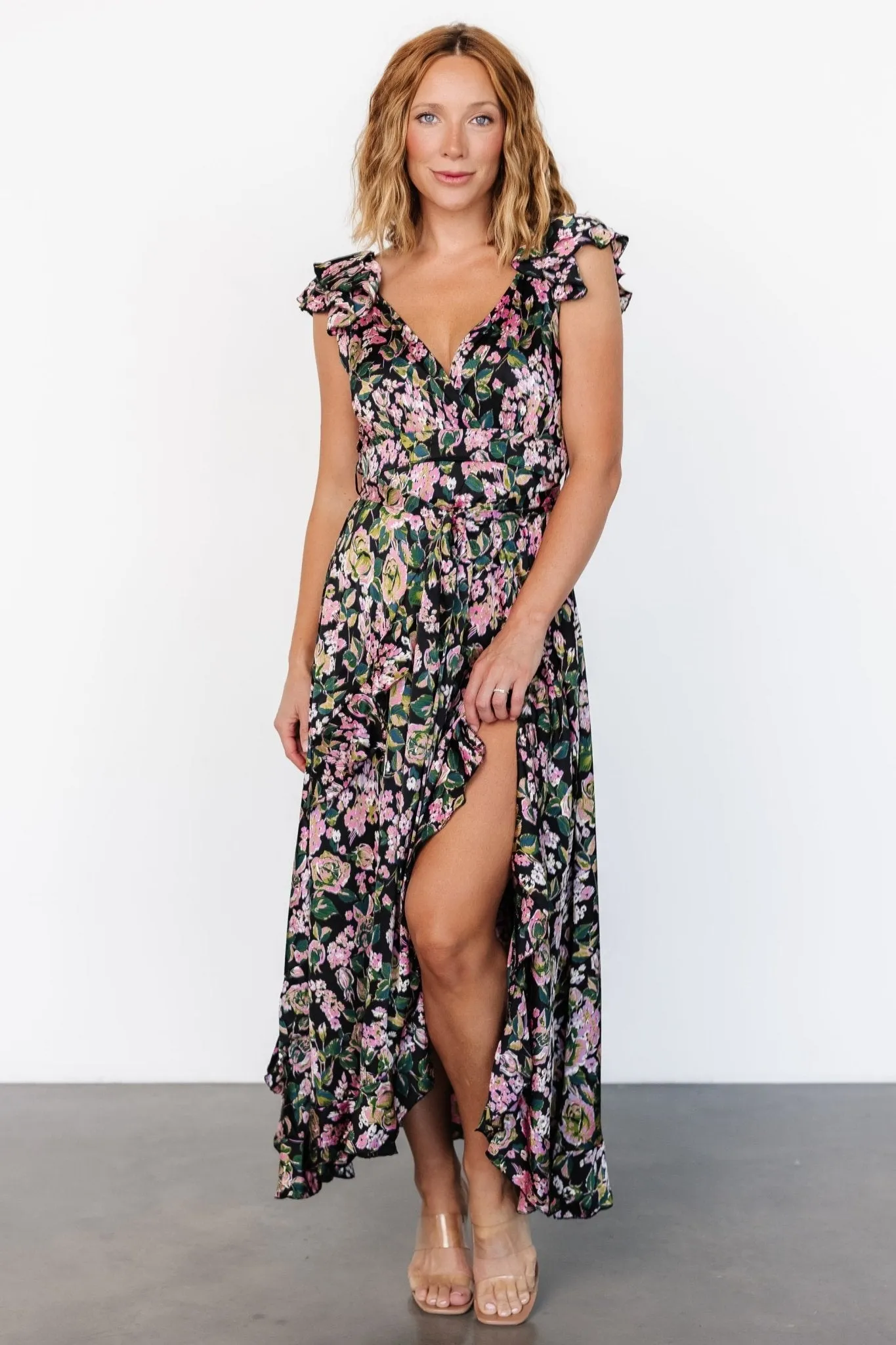 Harlow Satin Maxi Dress | Black Multi