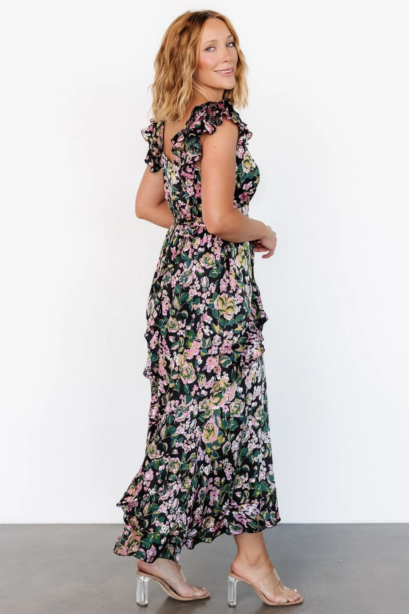 Harlow Satin Maxi Dress | Black Multi