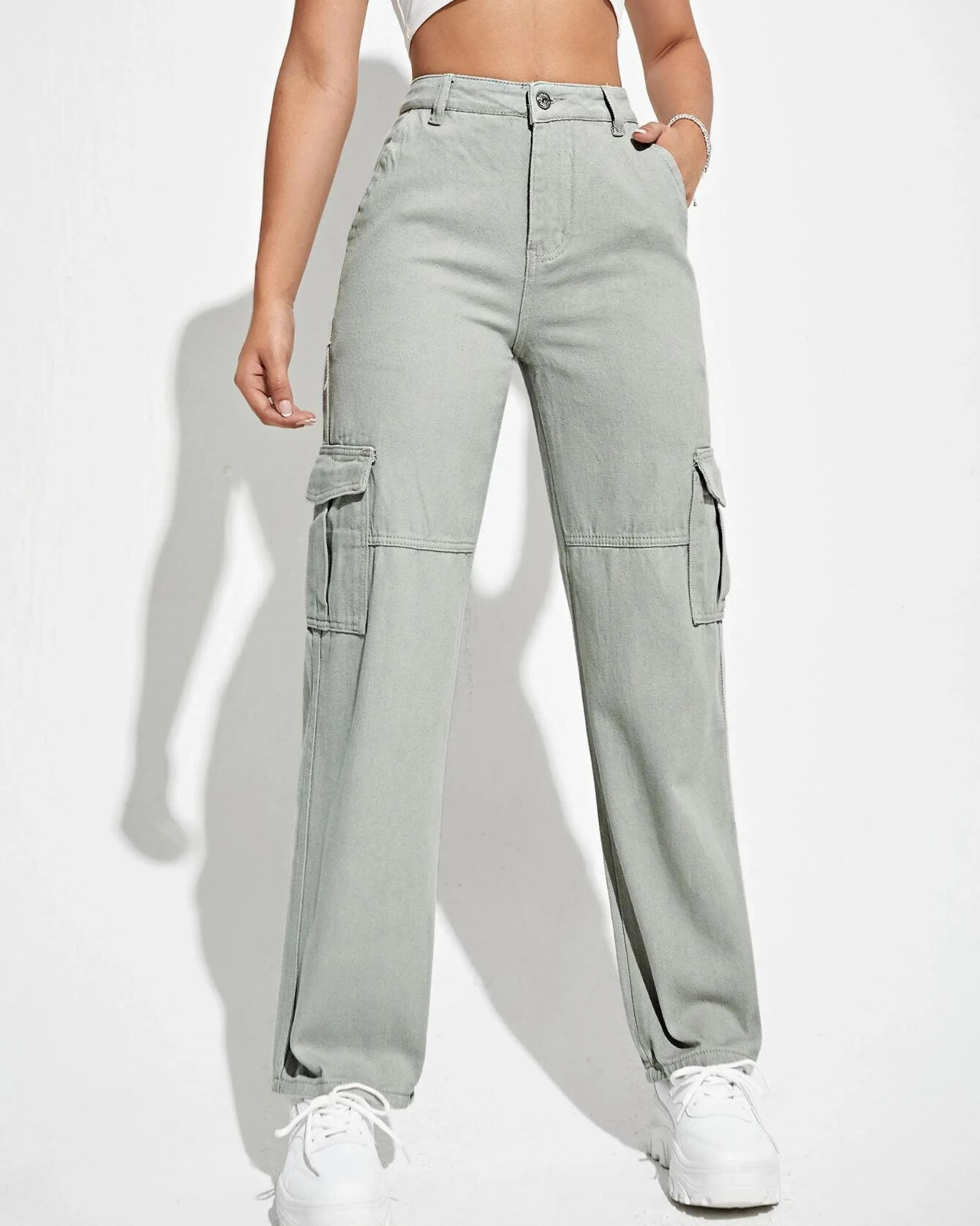 High Waist Flap Pockets Cargo Jeans