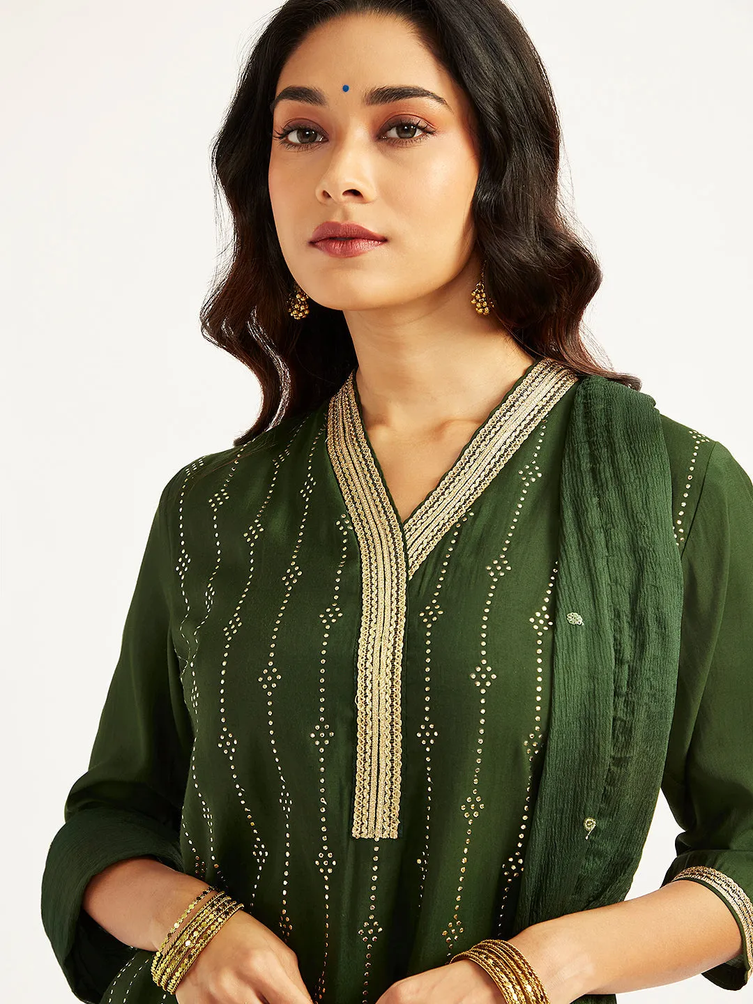 Jashvi Women's Bottle Green Kurta Set