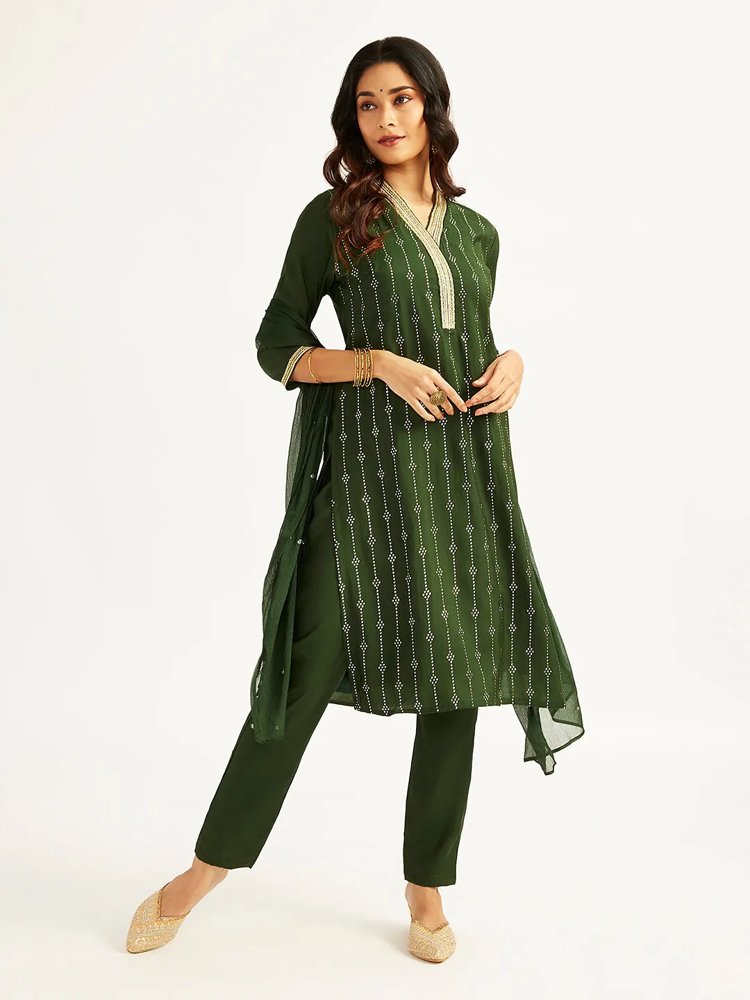 Jashvi Women's Bottle Green Kurta Set