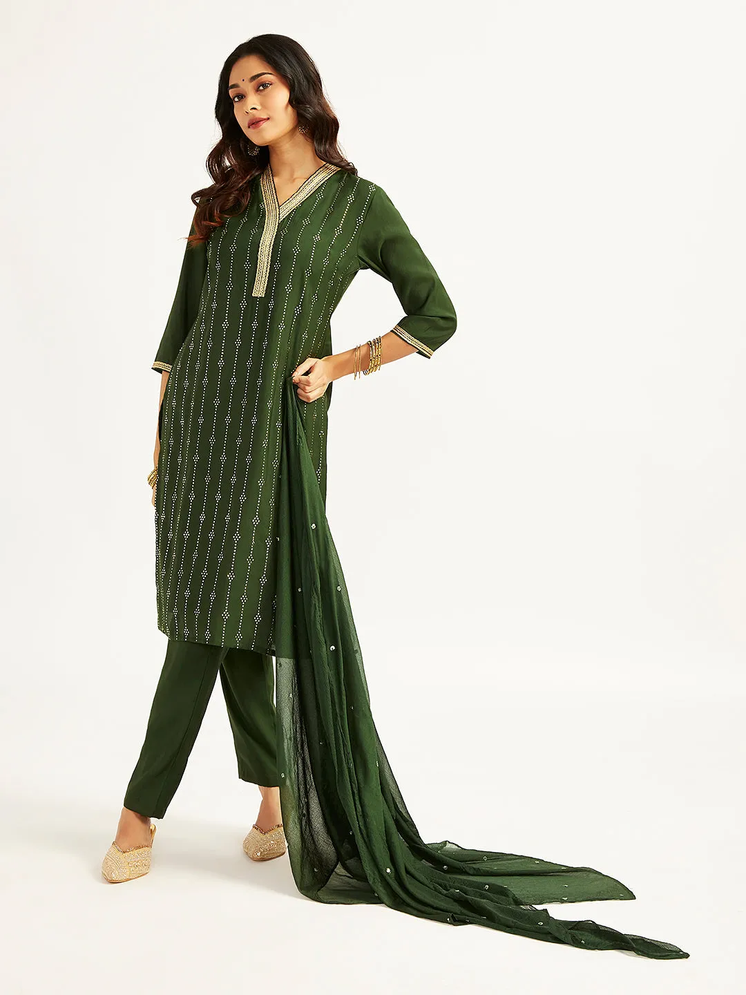 Jashvi Women's Bottle Green Kurta Set