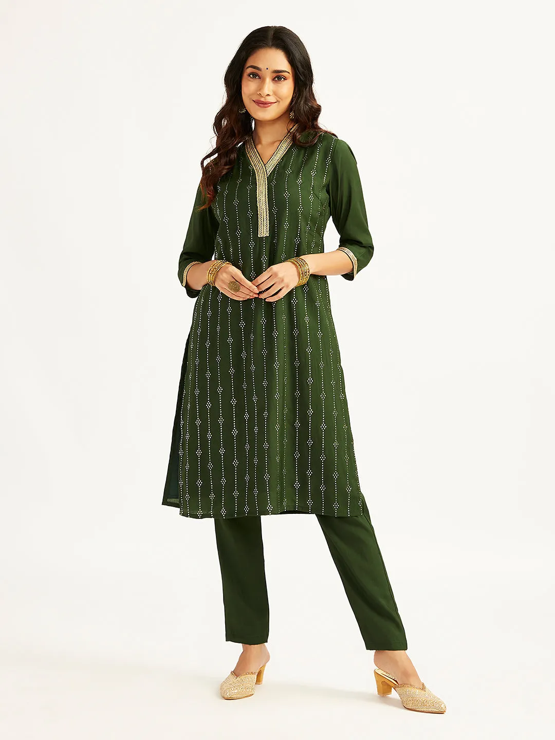 Jashvi Women's Bottle Green Kurta Set