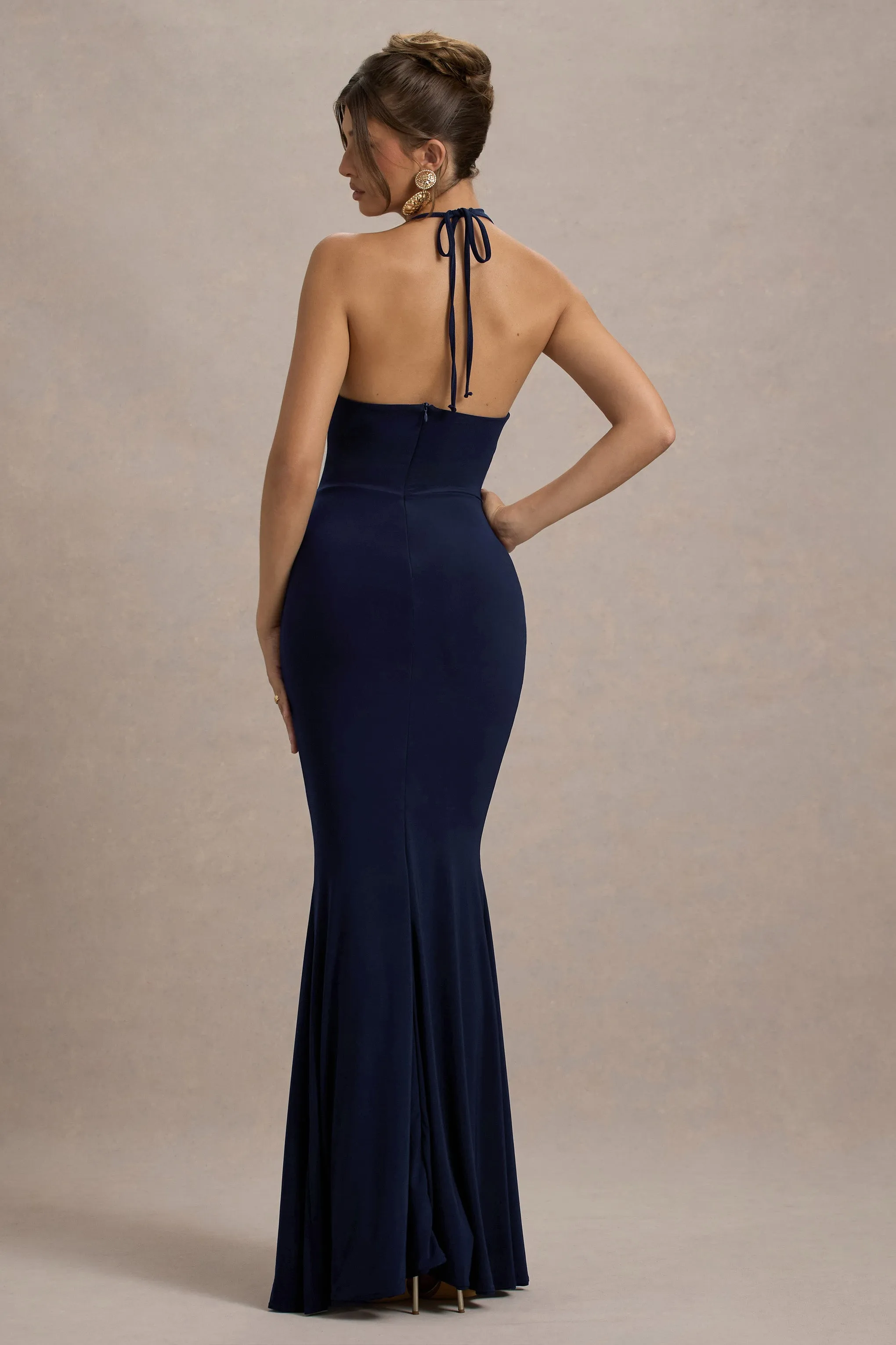 Lucena | Navy Cowl-Neck Wrap Maxi Dress With Floral Drape