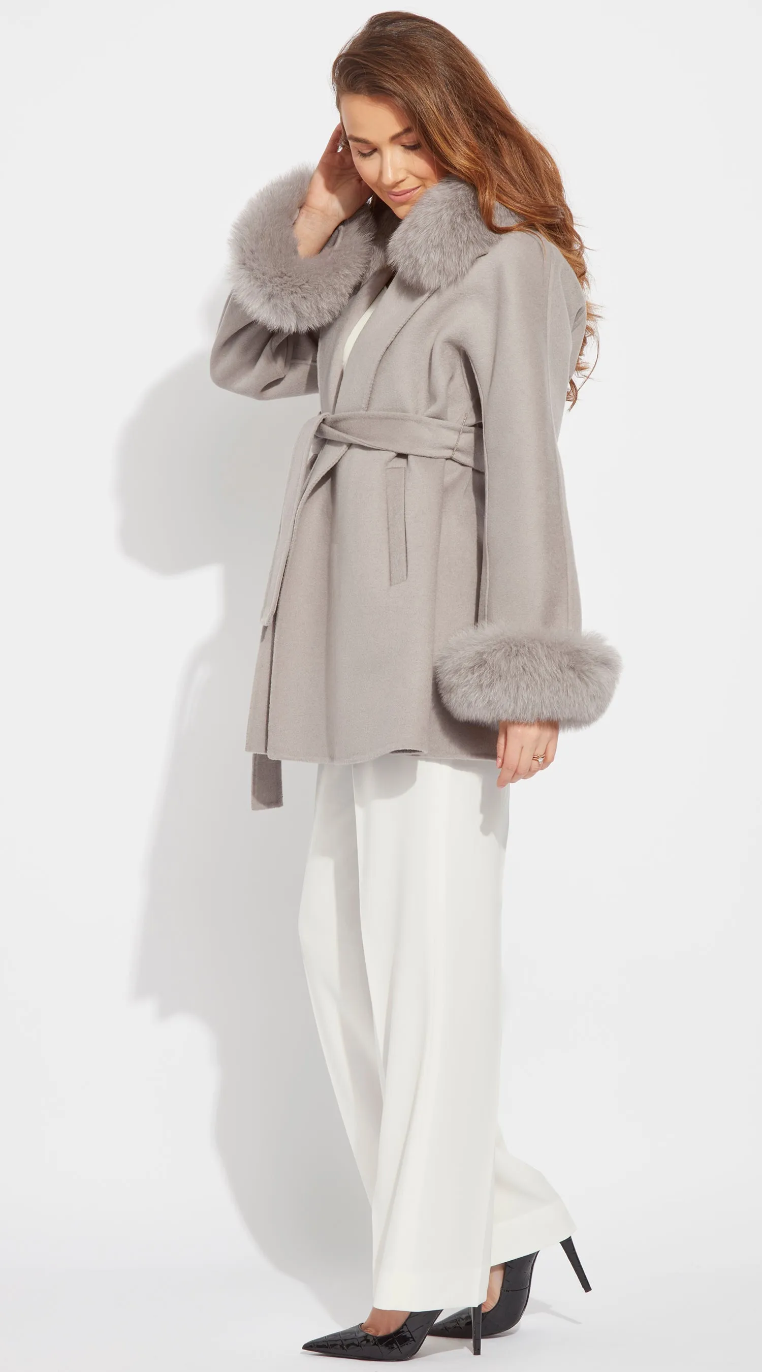 Luxy Cashmere & Fox Fur Belted Wrap Coat - Warm Grey