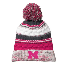 Michigan Primary Pom Pom Team Beanie - Pink Raspberry/Iron Grey/White