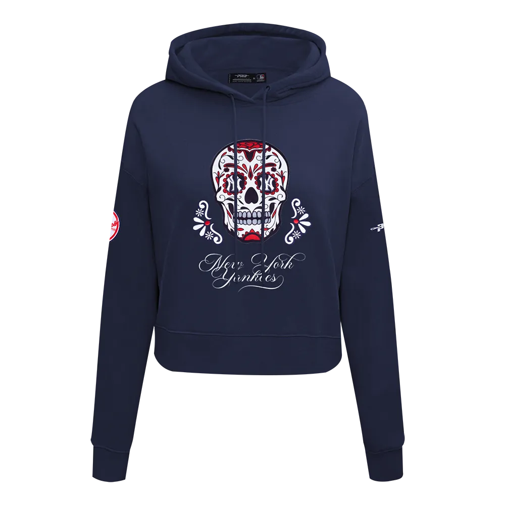 MLB NEW YORK YANKEES SUGAR SKULL WOMEN'S FLC CROPPED PO HOODIE (MIDNIGHT NAVY)