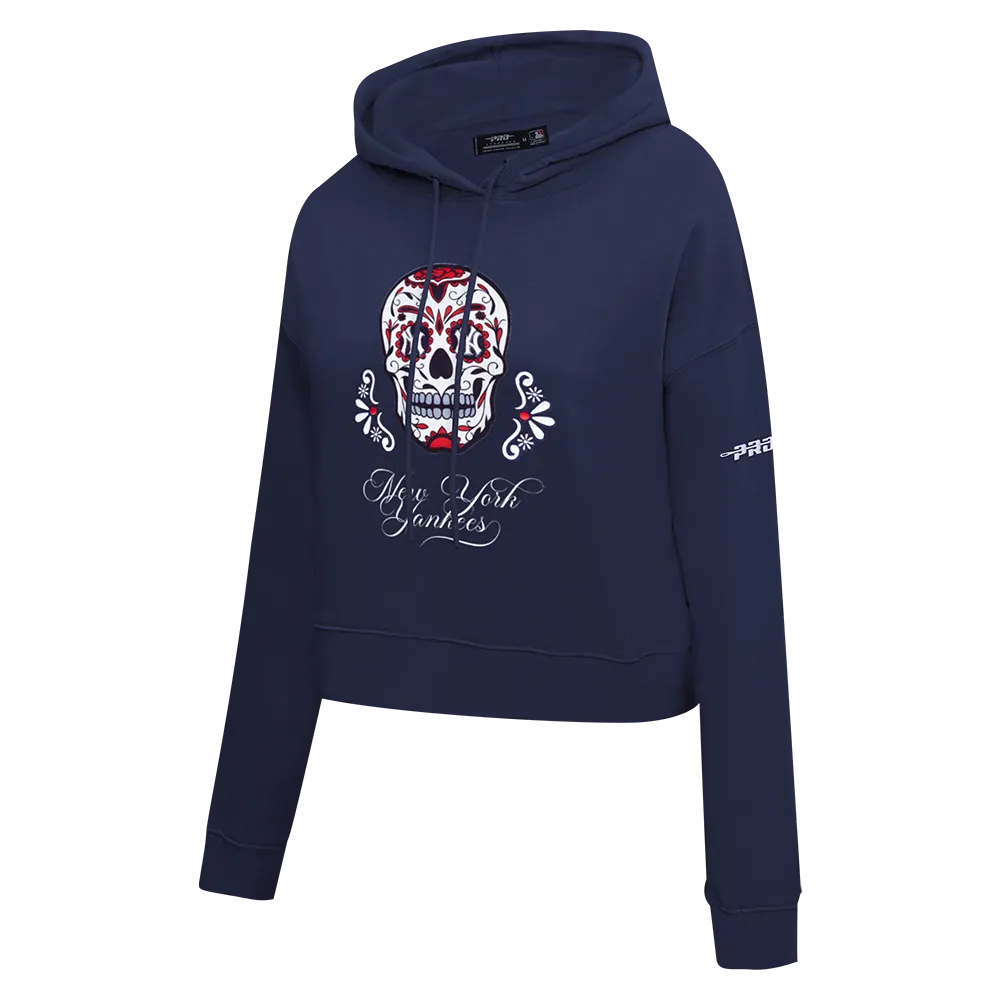 MLB NEW YORK YANKEES SUGAR SKULL WOMEN'S FLC CROPPED PO HOODIE (MIDNIGHT NAVY)