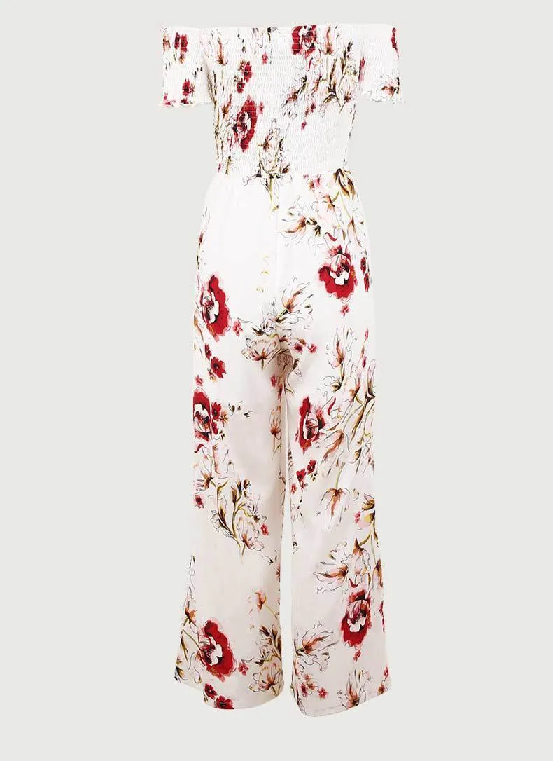 Off Shoulder Printed High Waist Wide Leg Pants Jumpsuit Romper