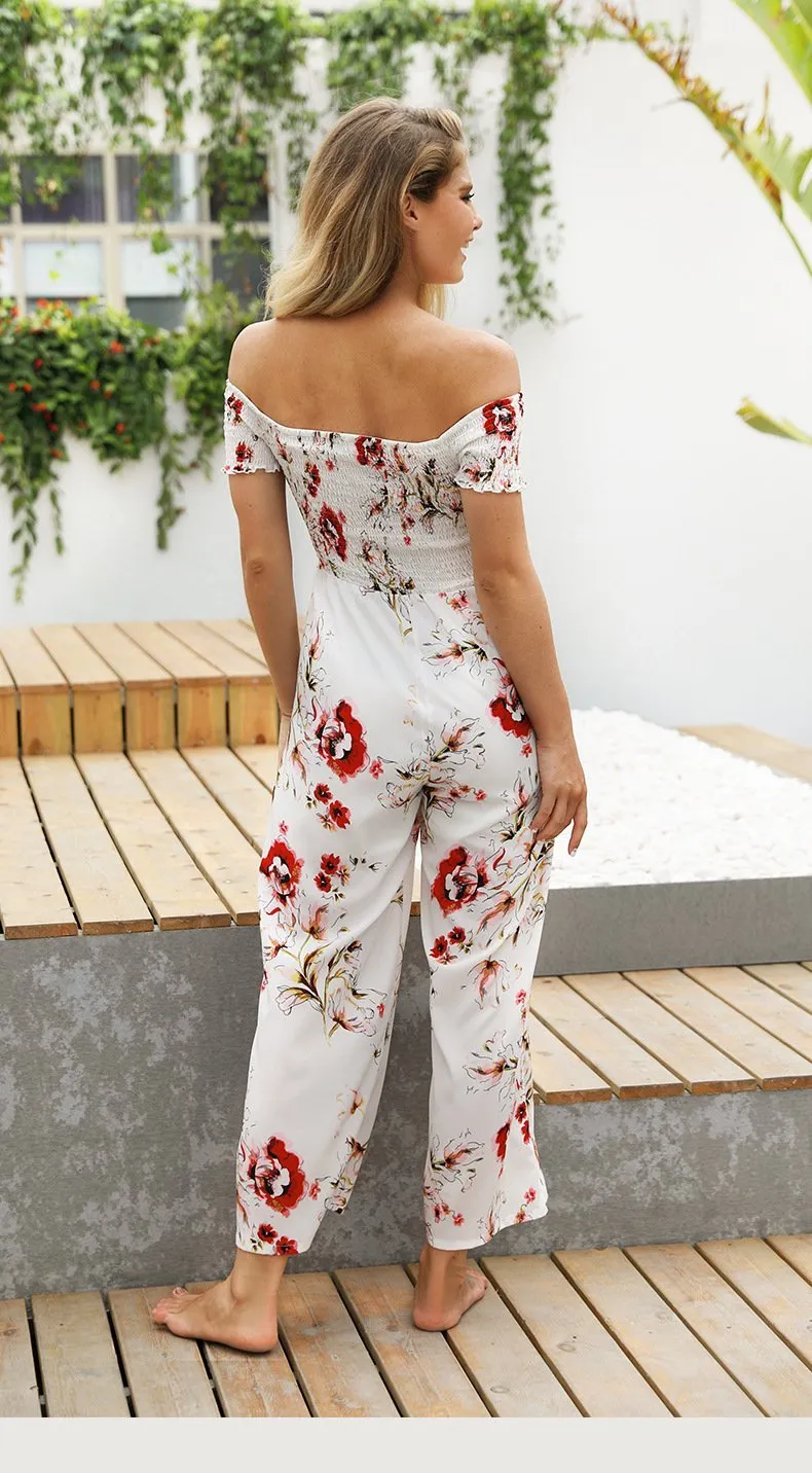 Off Shoulder Printed High Waist Wide Leg Pants Jumpsuit Romper