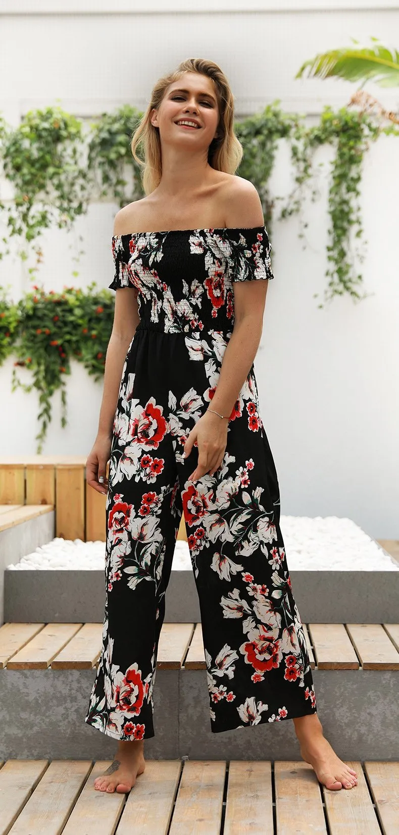 Off Shoulder Printed High Waist Wide Leg Pants Jumpsuit Romper