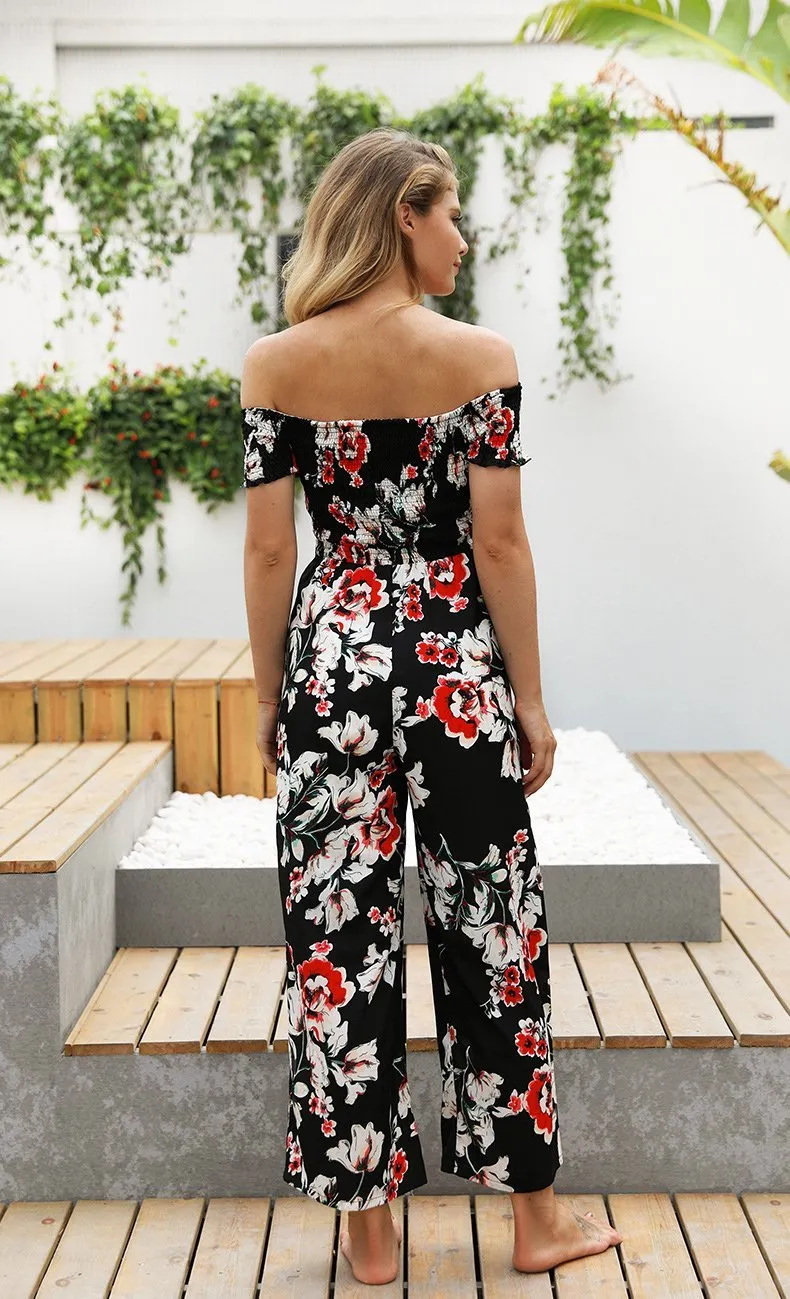 Off Shoulder Printed High Waist Wide Leg Pants Jumpsuit Romper