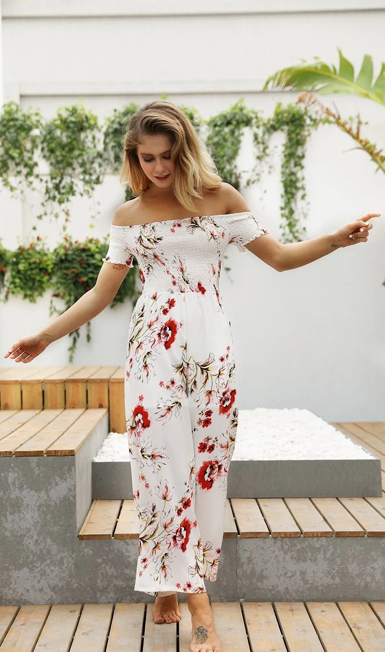 Off Shoulder Printed High Waist Wide Leg Pants Jumpsuit Romper