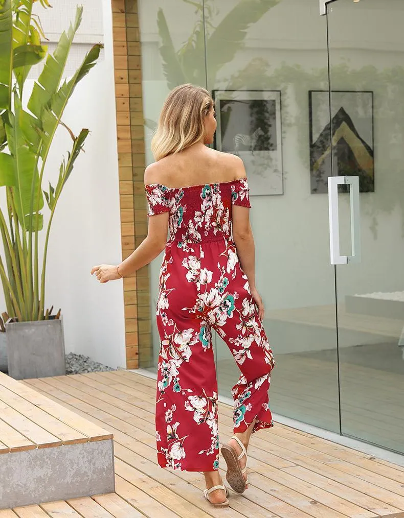 Off Shoulder Printed High Waist Wide Leg Pants Jumpsuit Romper