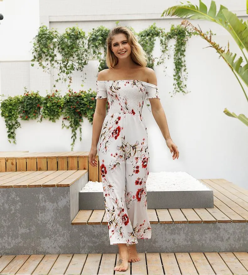 Off Shoulder Printed High Waist Wide Leg Pants Jumpsuit Romper