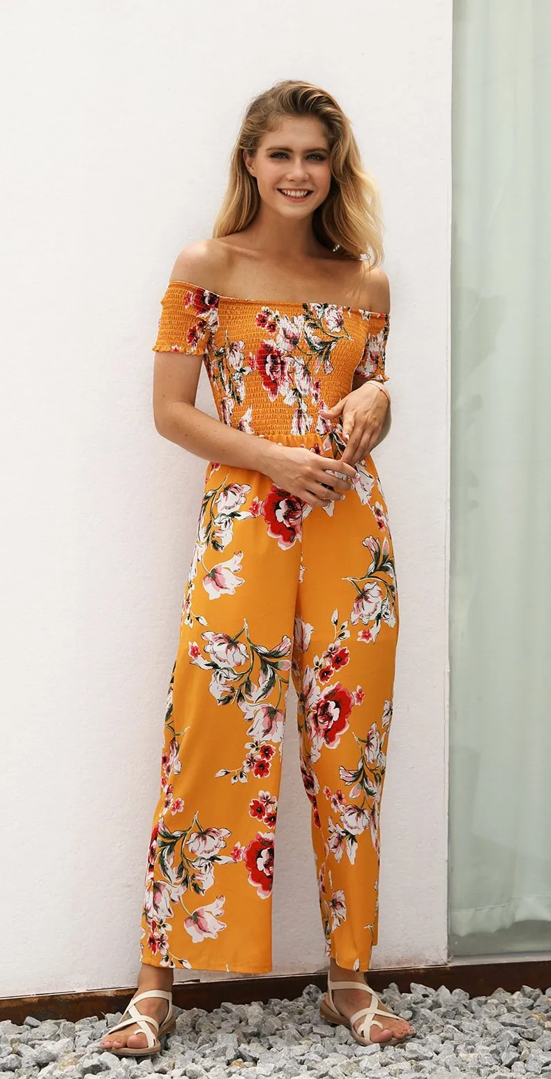 Off Shoulder Printed High Waist Wide Leg Pants Jumpsuit Romper