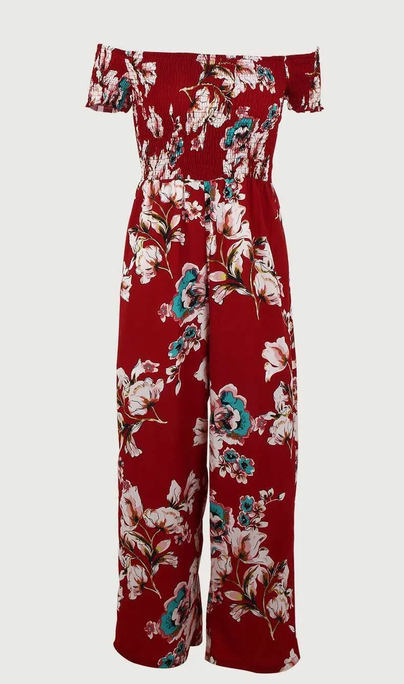 Off Shoulder Printed High Waist Wide Leg Pants Jumpsuit Romper