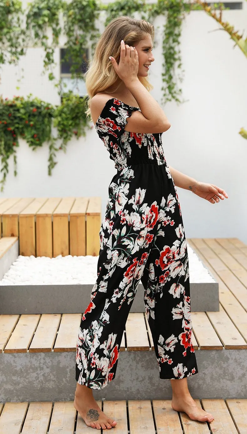 Off Shoulder Printed High Waist Wide Leg Pants Jumpsuit Romper