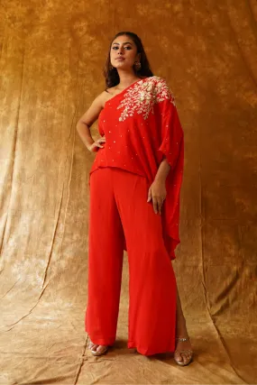 One Shoulder Top and Palazzo Pants in Red