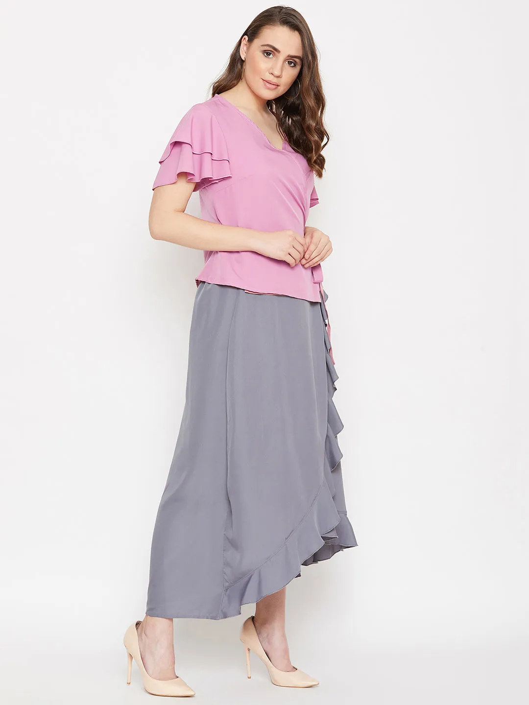 Overlap Top & Ruffle Skirt Set (Sku-BLMG20289)