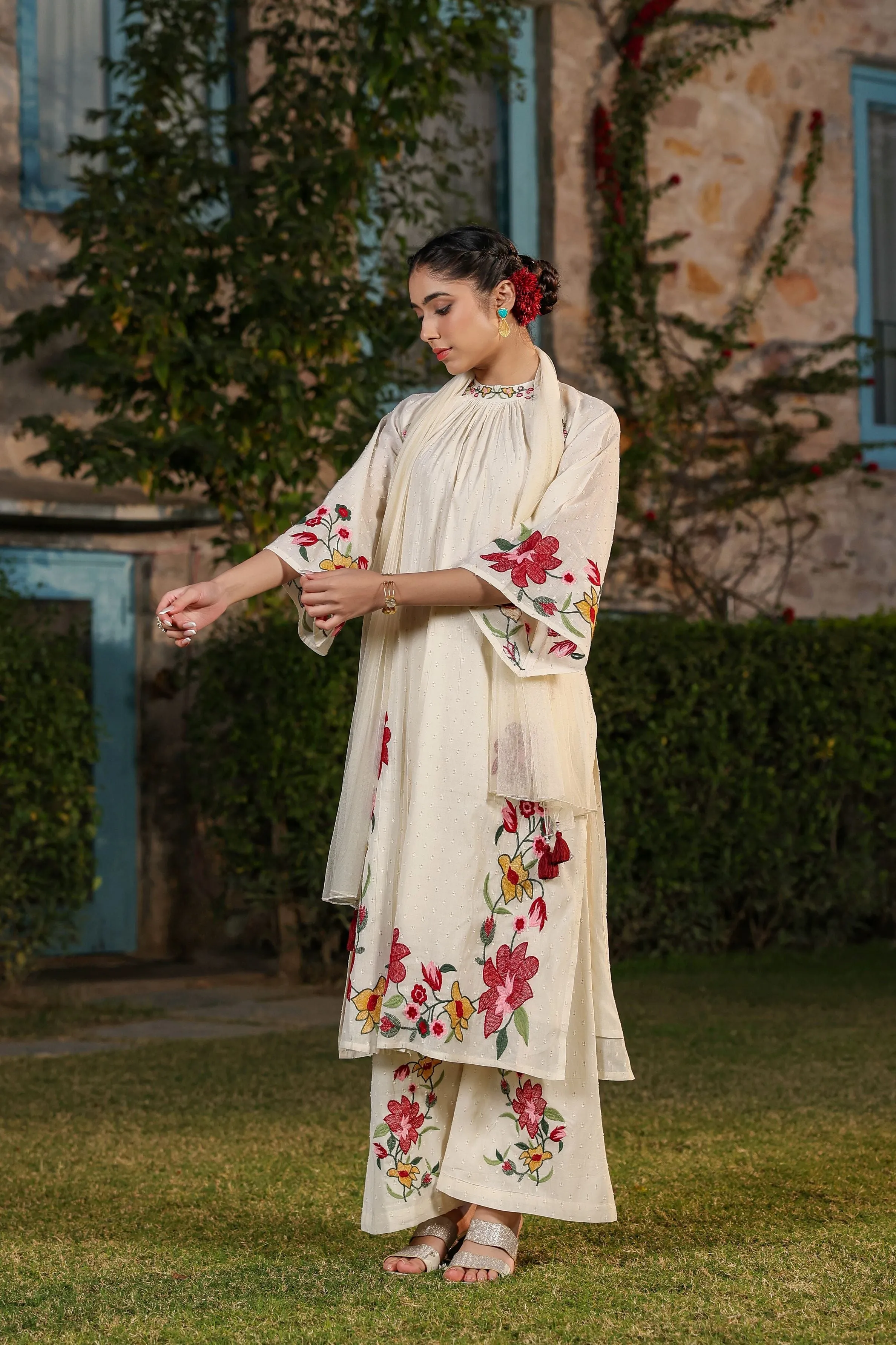 Pastel Cream Embroidered Organic Cotton Palazzo Set