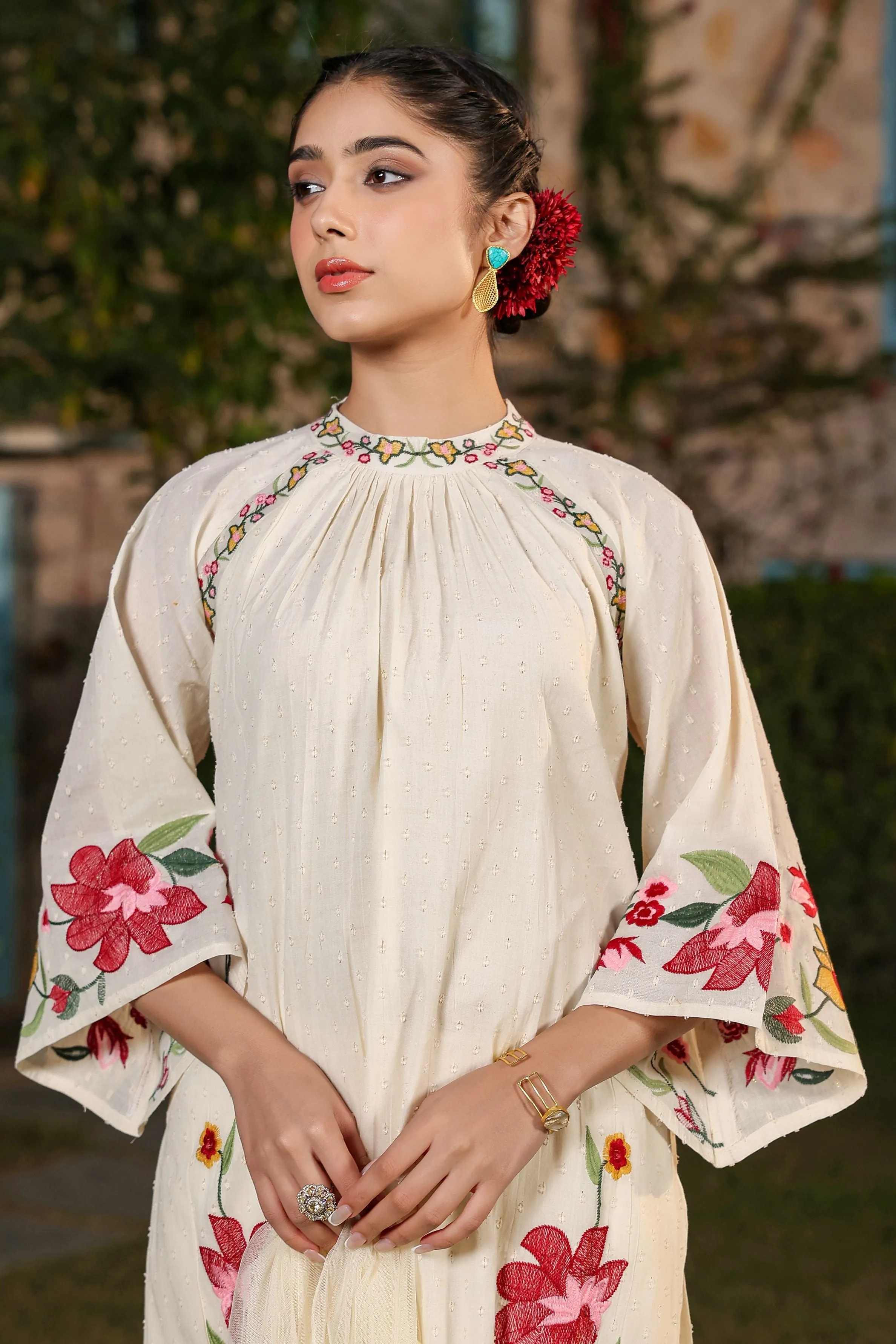 Pastel Cream Embroidered Organic Cotton Palazzo Set