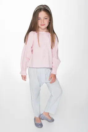 Pink Button Up Blouse with Light Blue Easy Pants 2pc. Set