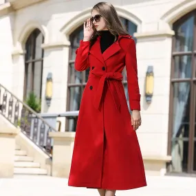 Red Double Breasted Belted Long Wool Blend Coat