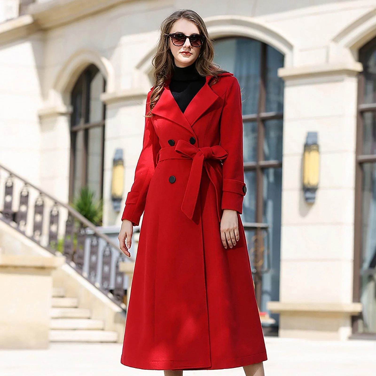 Red Double Breasted Belted Long Wool Blend Coat