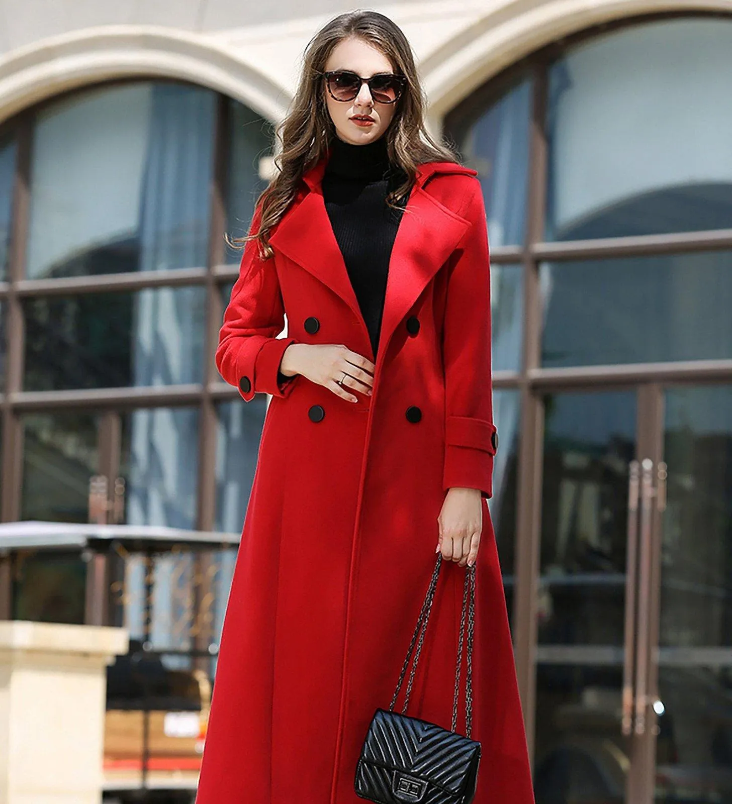 Red Double Breasted Belted Long Wool Blend Coat