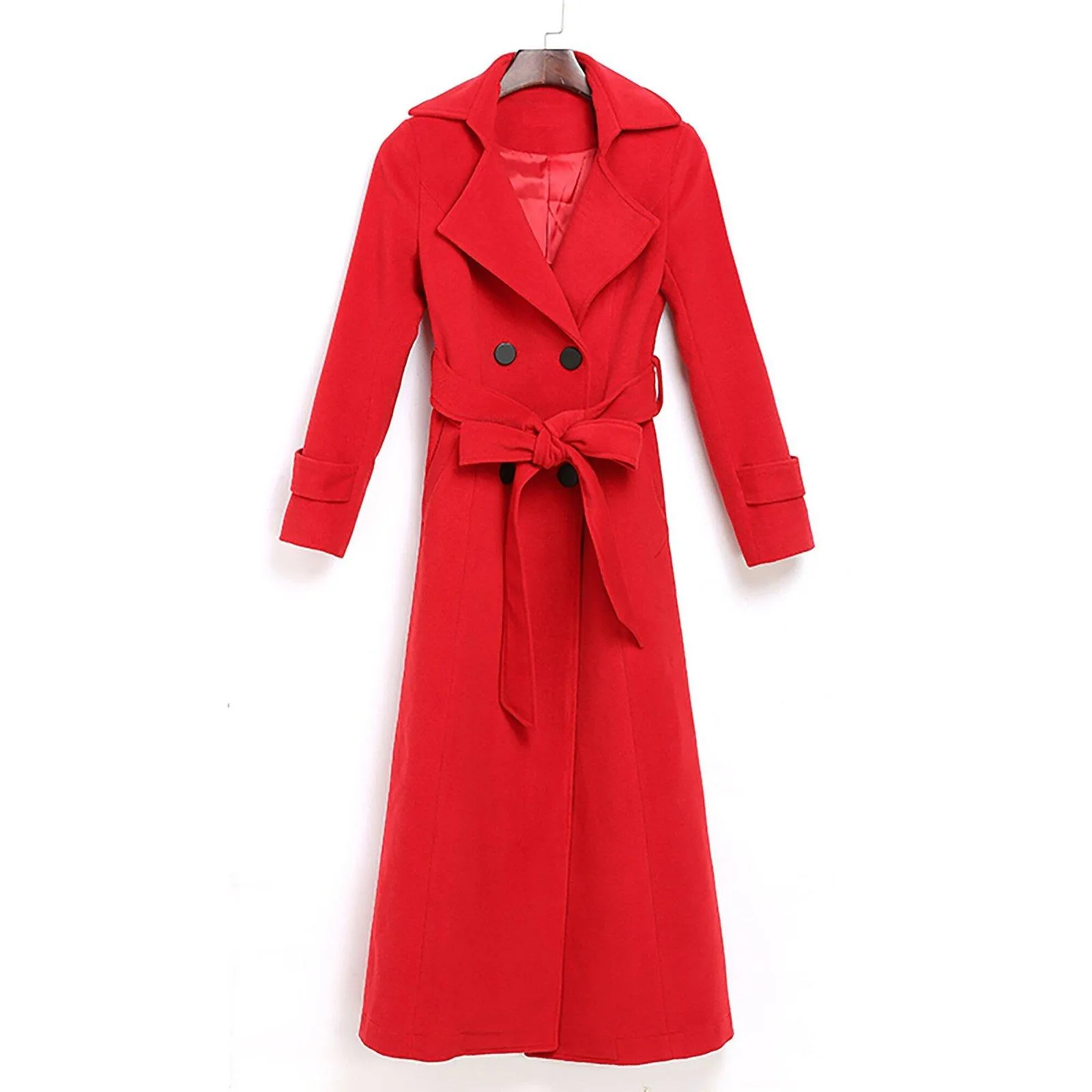 Red Double Breasted Belted Long Wool Blend Coat