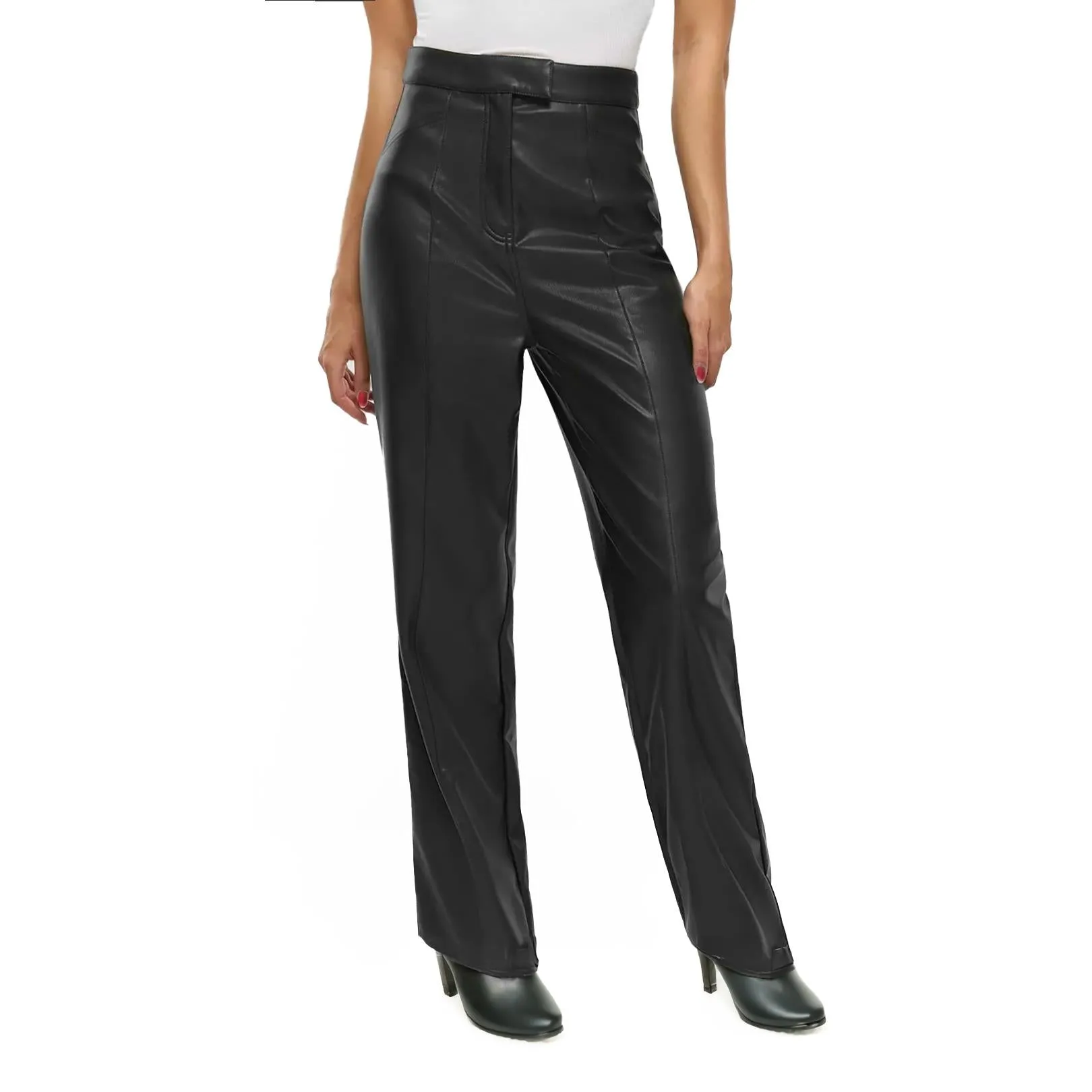 River Island Faux Leather Straight Leg Trousers Black