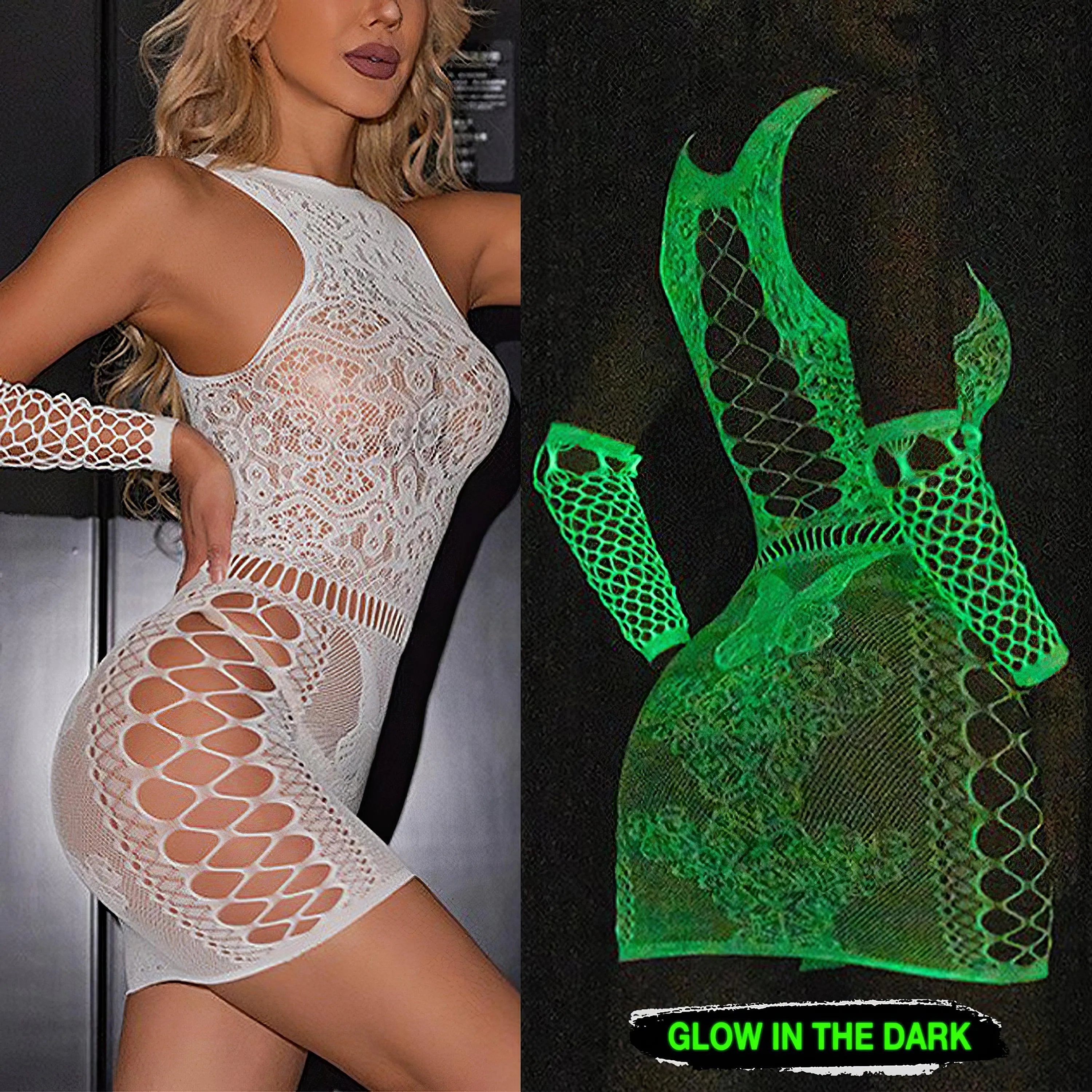 Sexy Glowing Fishnet Bodysuit Tights For Women, Erotic Lingerie Cosplay