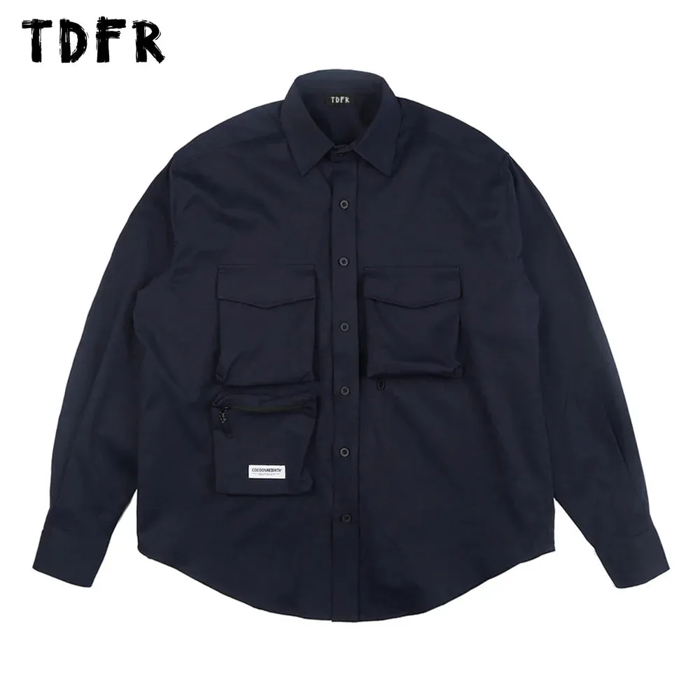 Solid Color Cargo Shirts with Safari Style Lapel and Curved Hem