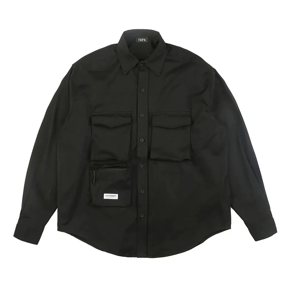 Solid Color Cargo Shirts with Safari Style Lapel and Curved Hem