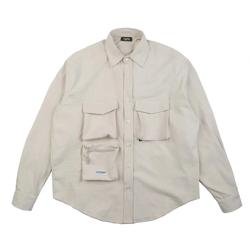 Solid Color Cargo Shirts with Safari Style Lapel and Curved Hem