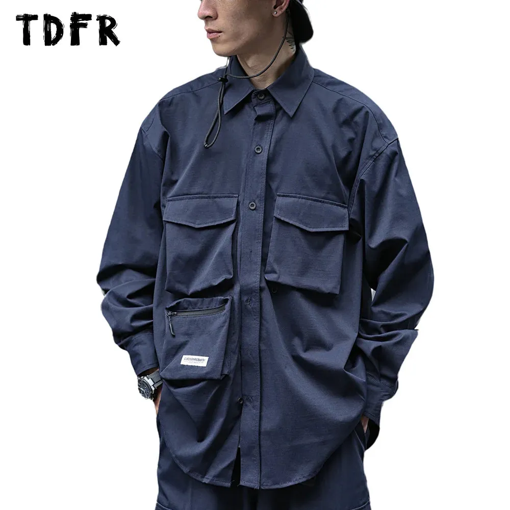 Solid Color Cargo Shirts with Safari Style Lapel and Curved Hem