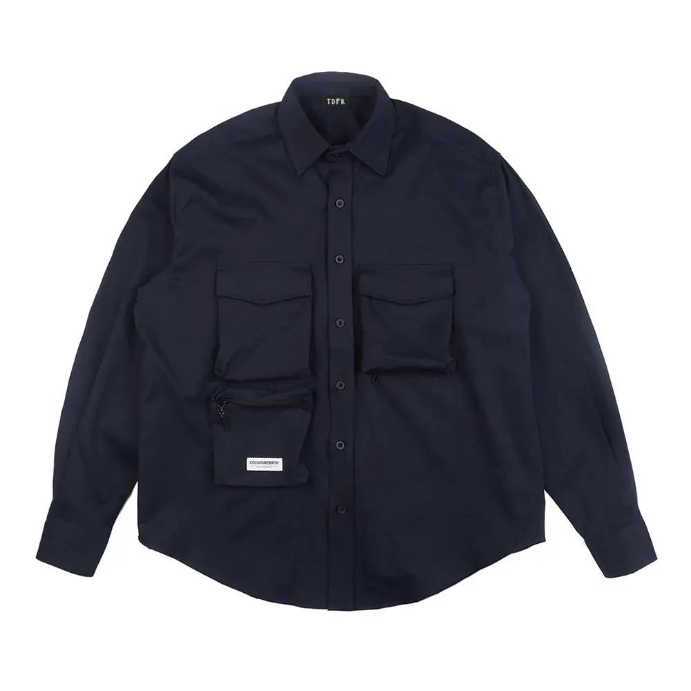 Solid Color Cargo Shirts with Safari Style Lapel and Curved Hem